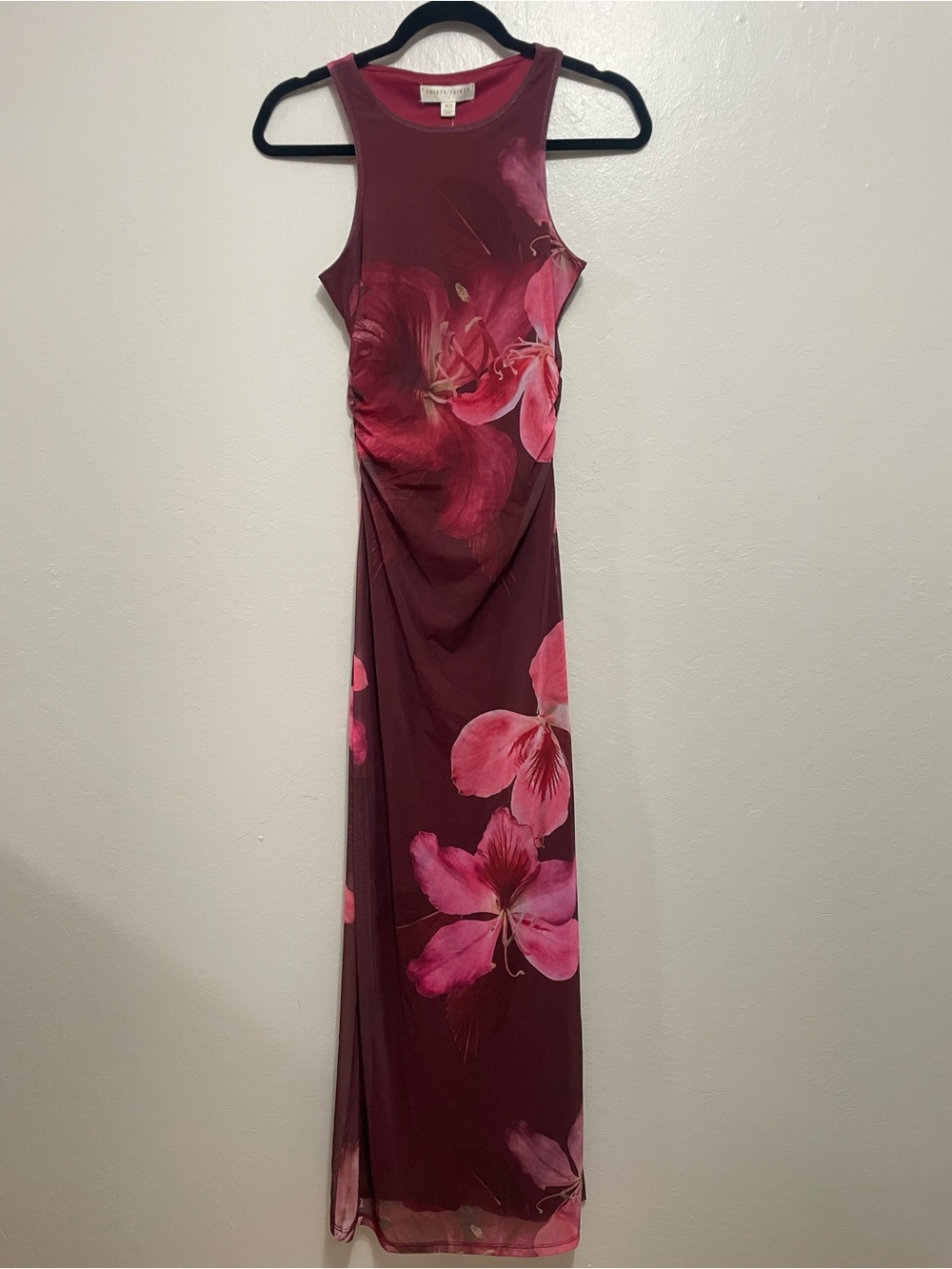 NWT Thirty Thirty Womens Dress Maxi Floral Sheer Sleeveless Boho Burgundy